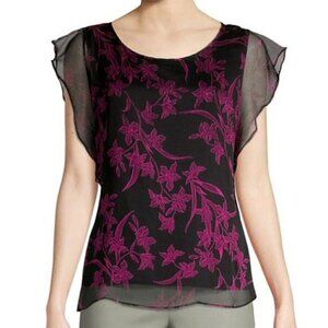 NWT Vince Camuto Size S Floral Jewel Neck Top in Black and Pink MSRP $89